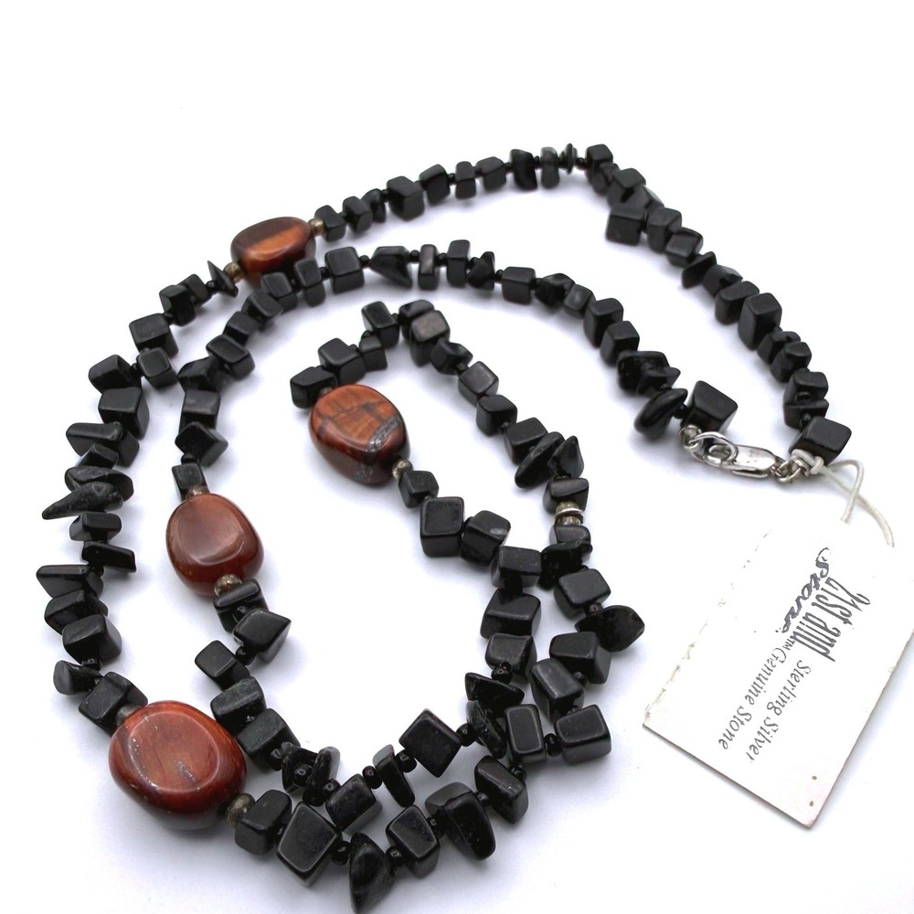 21st and Stone Necklace Black Brown New Sterling Silver Onyx Tiger Eye Beaded